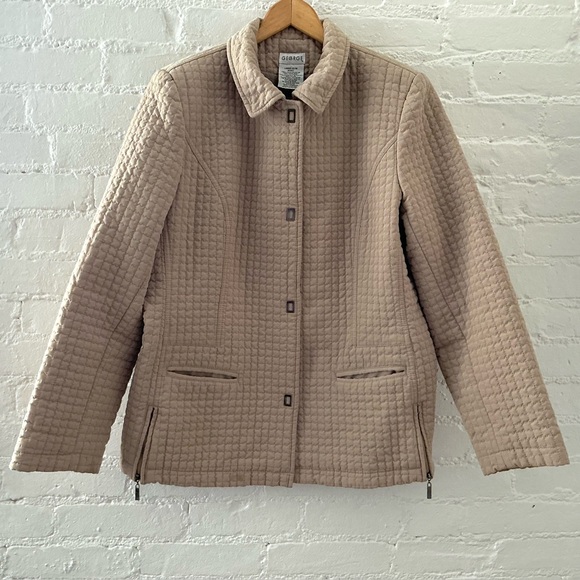 George Jackets & Blazers - Womens Quilted Jacket Beige Tan Snap Front Classic Versatile Minimalist Size L